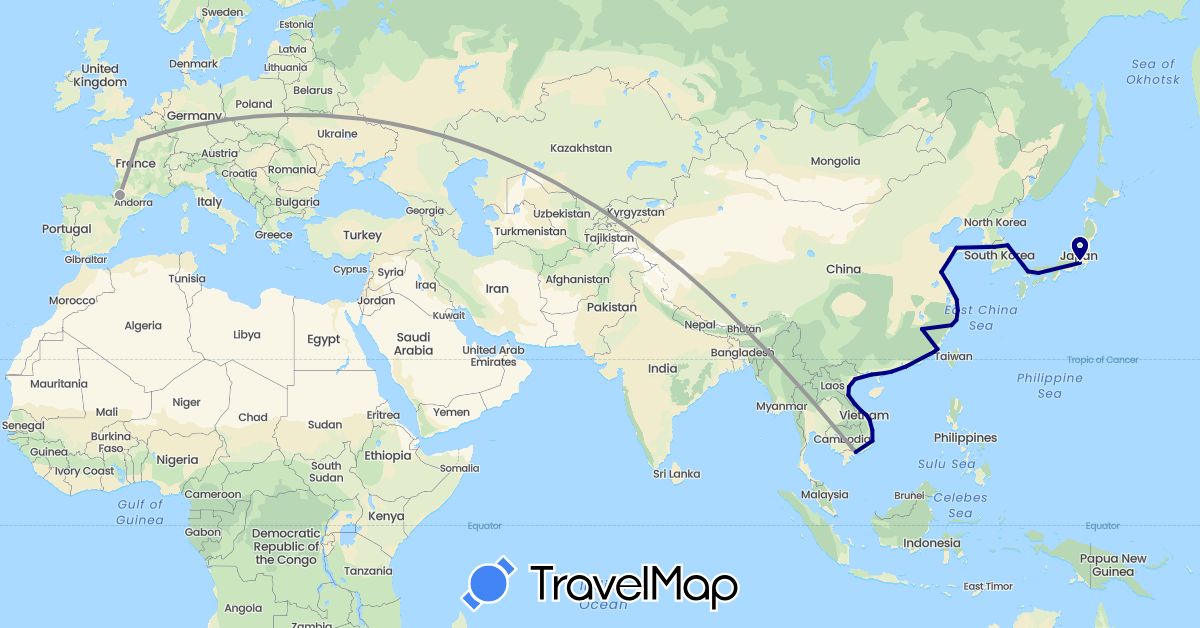 TravelMap itinerary: driving, plane in China, France, Japan, South Korea, Vietnam (Asia, Europe)